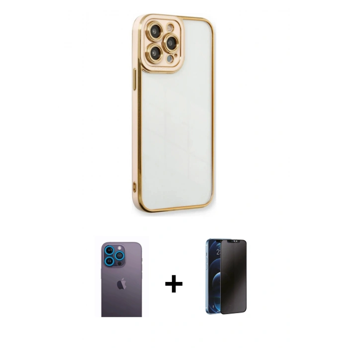 MARSİLYAN™- iPhone 13 Pro Max Kılıf Çekirdek Klasik Serisi - Siyah 3D Antistatik Hayalet Cam Ekran Koruyucu + Neon Fosforlu Kamera Lens - MI