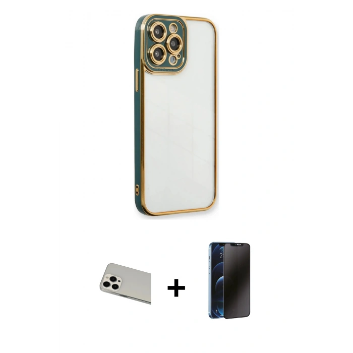 MARSİLYAN™- iPhone 13 Pro Max Kılıf Çekirdek Klasik Serisi - Siyah 3D Antistatik Hayalet Cam Ekran Koruyucu + Rainbow Kamera Lens Koruma Cam - BZ