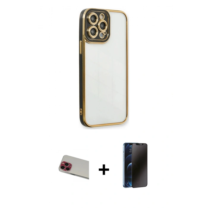 MARSİLYAN™- iPhone 13 Pro Max Kılıf Çekirdek Klasik Serisi - Siyah 3D Antistatik Hayalet Cam Ekran Koruyucu + Rainbow Kamera Lens Koruma Cam - KI