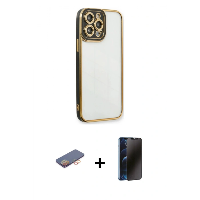 MARSİLYAN™- iPhone 13 Pro Max Kılıf Çekirdek Klasik Serisi - Siyah 3D Antistatik Hayalet Cam Ekran Koruyucu + Renkli Kamera Lens Koruma Cam - TU