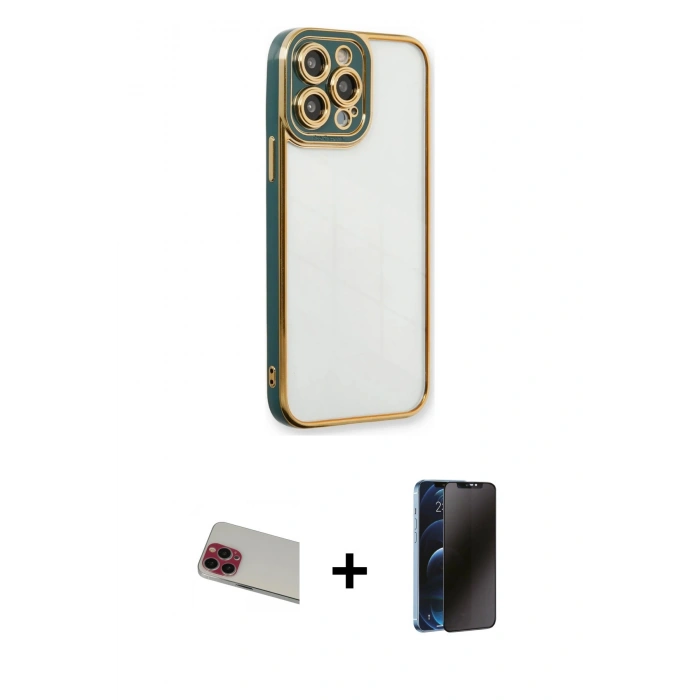 MARSİLYAN™- iPhone 13 Pro Max Kılıf Çekirdek Klasik Serisi - Siyah 3D Antistatik Hayalet Cam Ekran Koruyucu + Rainbow Kamera Lens Koruma Cam - KI