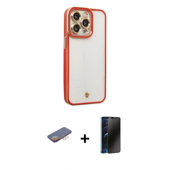 MARSİLYAN™- iPhone 13 Pro Max Kılıf Çekirdek Klasik Serisi - Siyah 3D Antistatik Hayalet Cam Ekran Koruyucu + Renkli Kamera Lens Koruma Cam - TU