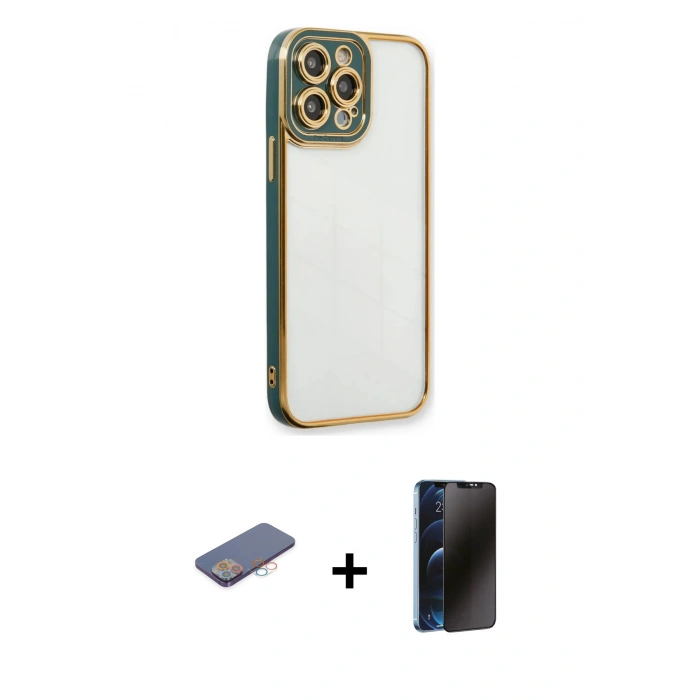 MARSİLYAN™- iPhone 13 Pro Max Kılıf Çekirdek Klasik Serisi - Siyah 3D Antistatik Hayalet Cam Ekran Koruyucu + Renkli Kamera Lens Koruma Cam - PE