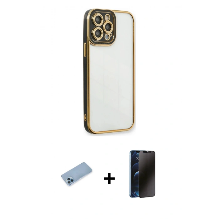 MARSİLYAN™- iPhone 13 Pro Max Kılıf Çekirdek Klasik Serisi - Siyah 3D Antistatik Hayalet Cam Ekran Koruyucu + Shine Kamera Lens Koruma Cam - MI
