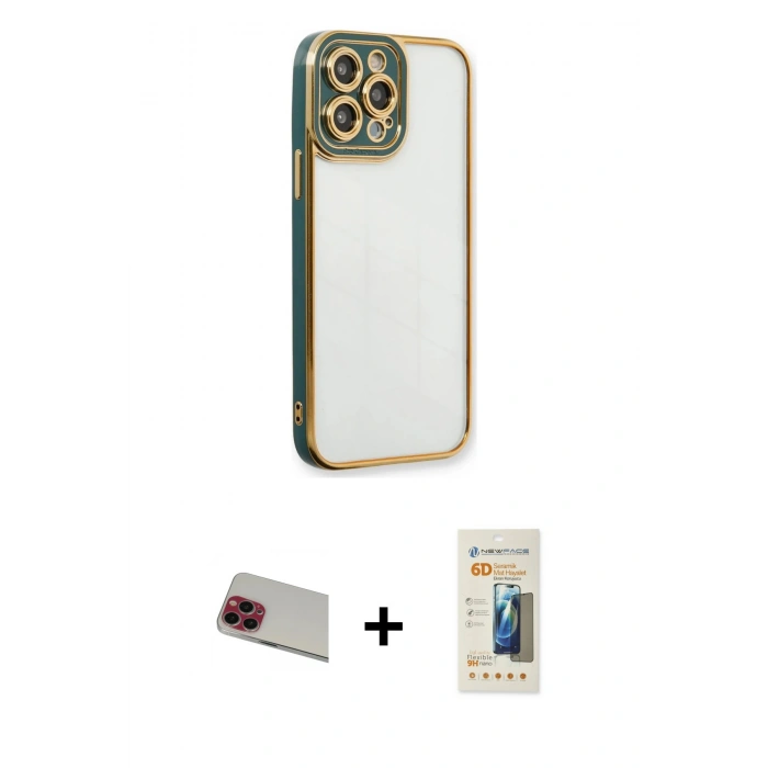 MARSİLYAN™- iPhone 13 Pro Max Kılıf Çekirdek Klasik Serisi - Siyah 6D Mat Seramik Hayalet Nano Ekran Koruyucu + Rainbow Kamera Lens Koruma Cam - KI