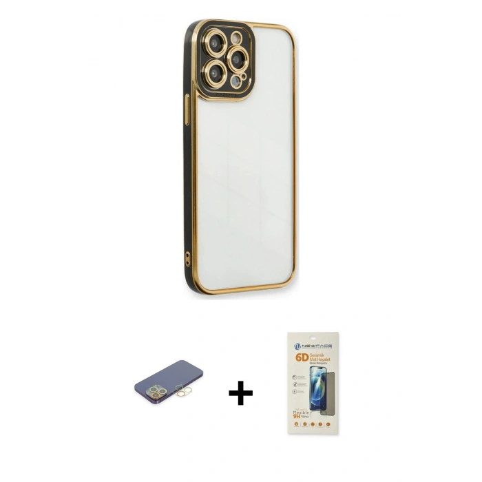 MARSİLYAN™- iPhone 13 Pro Max Kılıf Çekirdek Klasik Serisi - Siyah 6D Mat Seramik Hayalet Nano Ekran Koruyucu + Renkli Kamera Lens Koruma Cam - SI