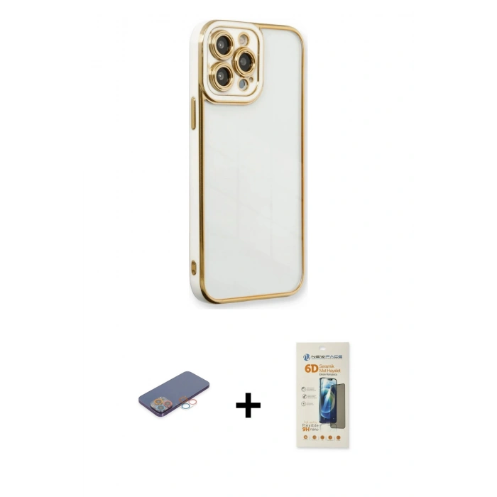 MARSİLYAN™- iPhone 13 Pro Max Kılıf Çekirdek Klasik Serisi - Siyah 6D Mat Seramik Hayalet Nano Ekran Koruyucu + Renkli Kamera Lens Koruma Cam - PE