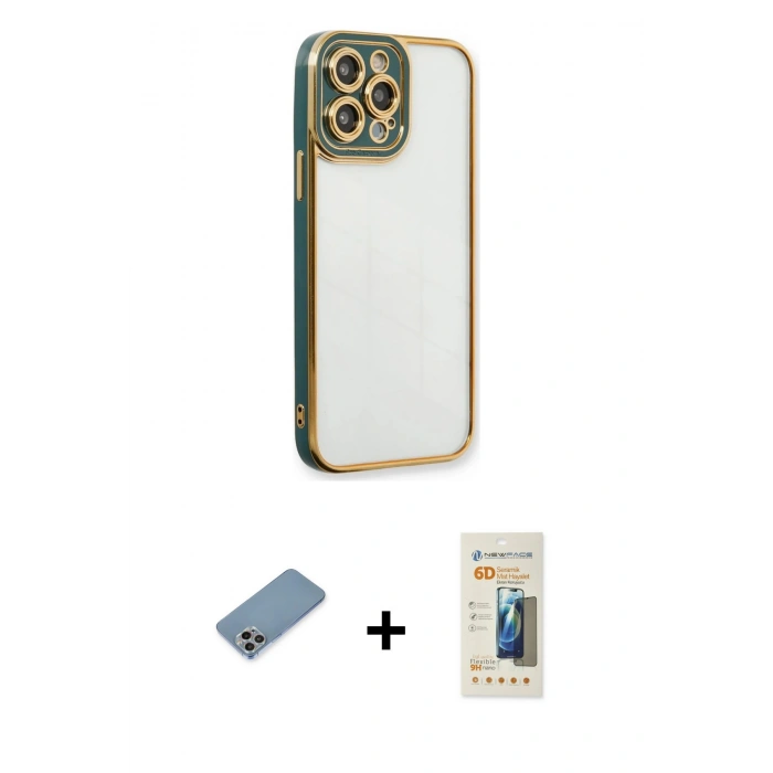 MARSİLYAN™- iPhone 13 Pro Max Kılıf Çekirdek Klasik Serisi - Siyah 6D Mat Seramik Hayalet Nano Ekran Koruyucu + Shine Kamera Lens Koruma Cam - GI