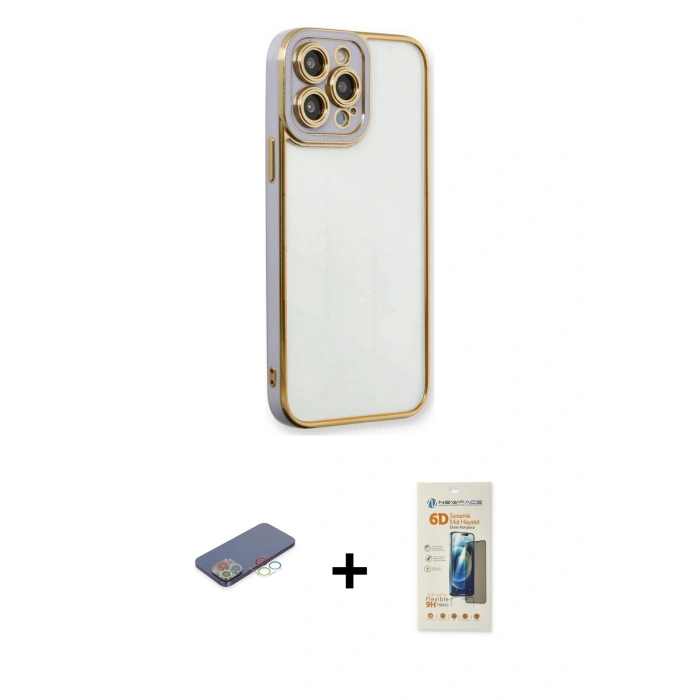 MARSİLYAN™- iPhone 13 Pro Max Kılıf Çekirdek Klasik Serisi - Siyah 6D Mat Seramik Hayalet Nano Ekran Koruyucu + Renkli Kamera Lens Koruma Cam - MI