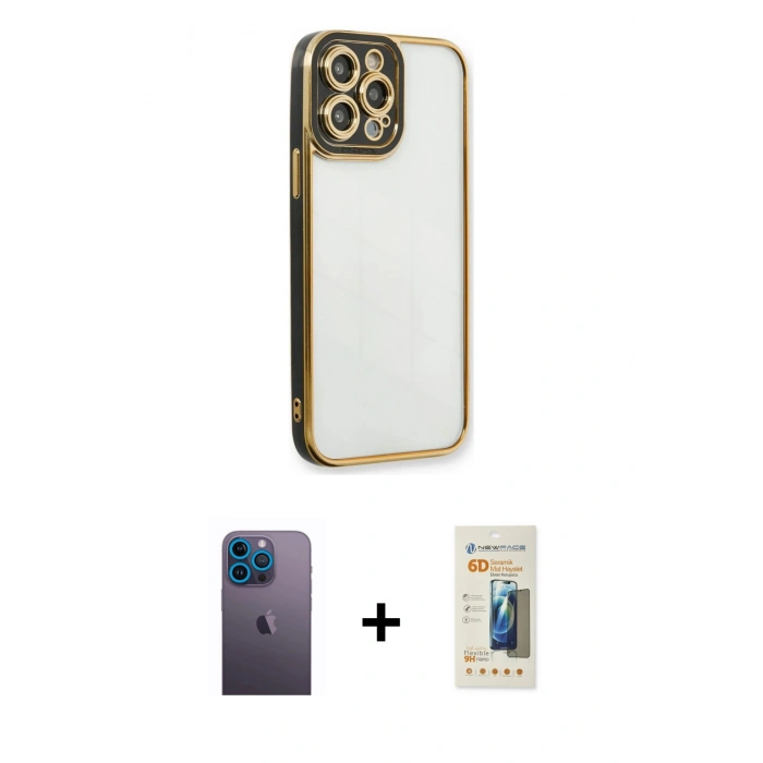 MARSİLYAN™- iPhone 13 Pro Max Kılıf Çekirdek Klasik Serisi - Siyah 6D Mat Seramik Hayalet Nano Ekran Koruyucu + Neon Fosforlu Kamera Lens - MI