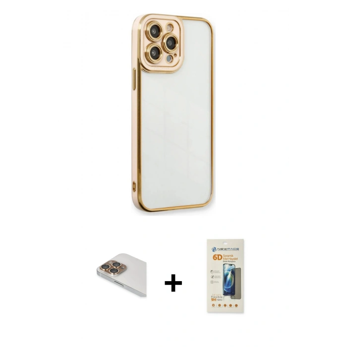 MARSİLYAN™- iPhone 13 Pro Max Kılıf Çekirdek Klasik Serisi - Siyah 6D Mat Seramik Hayalet Nano Ekran Koruyucu + Pers Alüminyum Kamera Lens - GD