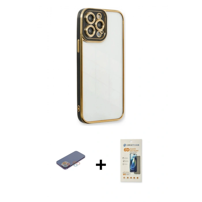 MARSİLYAN™- iPhone 13 Pro Max Kılıf Çekirdek Klasik Serisi - Siyah 6D Mat Seramik Hayalet Nano Ekran Koruyucu + Renkli Kamera Lens Koruma Cam - PE