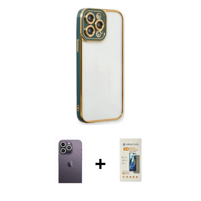 MARSİLYAN™- iPhone 13 Pro Max Kılıf Çekirdek Klasik Serisi - Siyah 6D Mat Seramik Hayalet Nano Ekran Koruyucu + Neon Fosforlu Kamera Lens - BZ