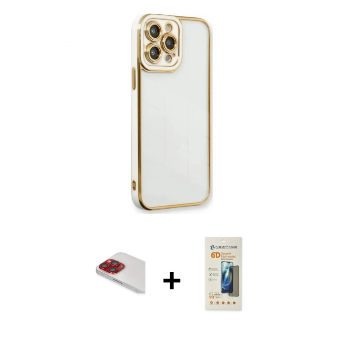 MARSİLYAN™- iPhone 13 Pro Max Kılıf Çekirdek Klasik Serisi - Siyah 6D Mat Seramik Hayalet Nano Ekran Koruyucu + Kırmızı Pers Alüminyum Kamera Lens