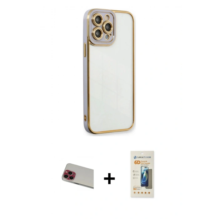 MARSİLYAN™- iPhone 13 Pro Max Kılıf Çekirdek Klasik Serisi - Siyah 6D Mat Seramik Hayalet Nano Ekran Koruyucu + Rainbow Kamera Lens Koruma Cam - KI