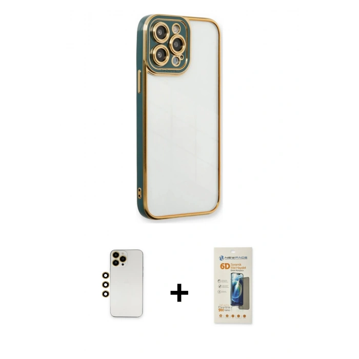 MARSİLYAN™- iPhone 13 Pro Max Kılıf Çekirdek Klasik Serisi - Siyah 6D Mat Seramik Hayalet Nano Ekran Koruyucu + Shine Kamera Lens - GD