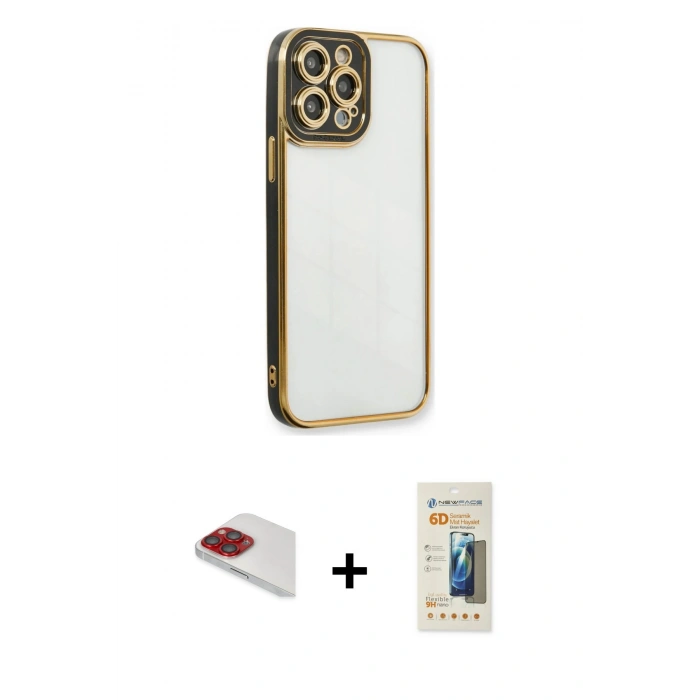 MARSİLYAN™- iPhone 13 Pro Max Kılıf Çekirdek Klasik Serisi - Siyah 6D Mat Seramik Hayalet Nano Ekran Koruyucu + Kırmızı Pers Alüminyum Kamera Lens