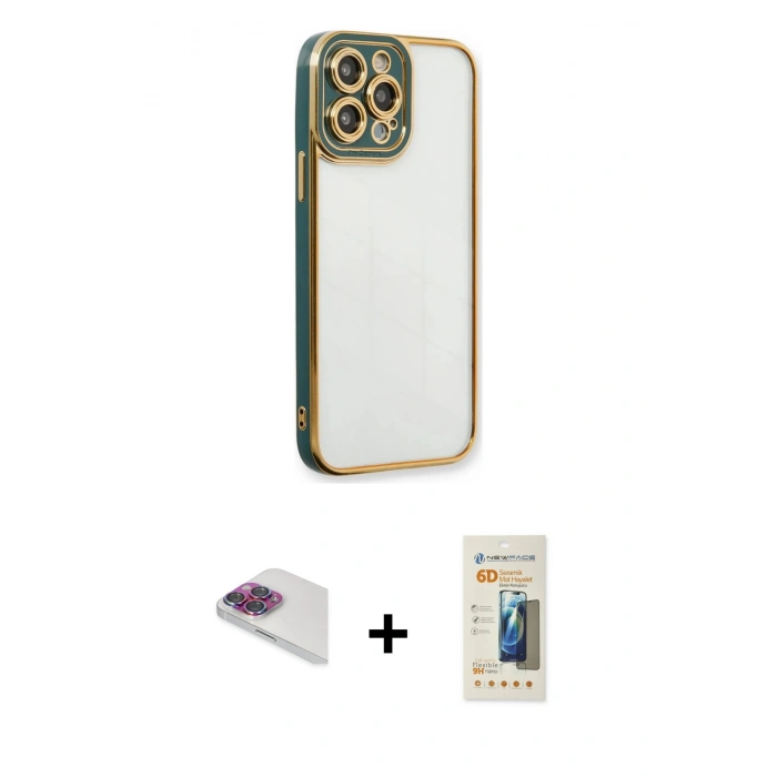 MARSİLYAN™- iPhone 13 Pro Max Kılıf Çekirdek Klasik Serisi - Siyah 6D Mat Seramik Hayalet Nano Ekran Koruyucu + Pers Alüminyum Kamera Lens - GI