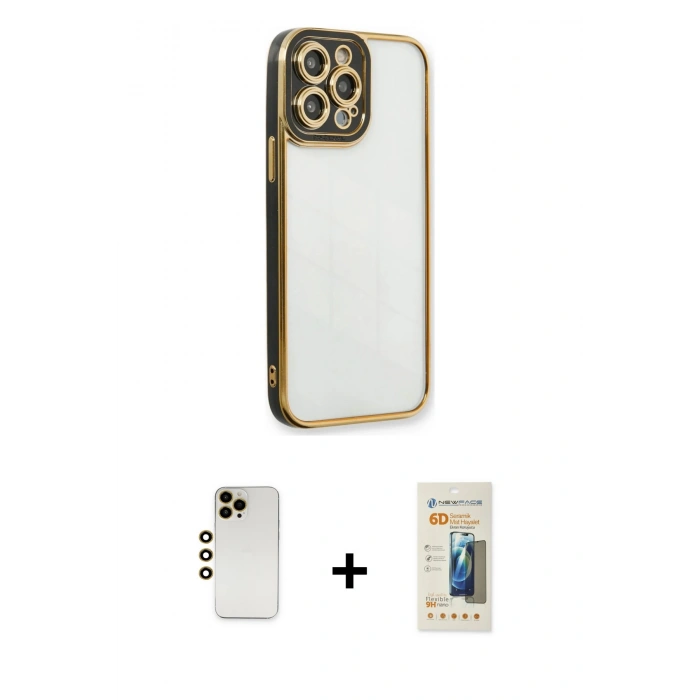 MARSİLYAN™- iPhone 13 Pro Max Kılıf Çekirdek Klasik Serisi - Siyah 6D Mat Seramik Hayalet Nano Ekran Koruyucu + Shine Kamera Lens - GD