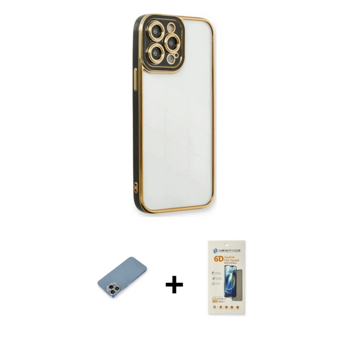 MARSİLYAN™- iPhone 13 Pro Max Kılıf Çekirdek Klasik Serisi - Siyah 6D Mat Seramik Hayalet Nano Ekran Koruyucu + Shine Kamera Lens Koruma Cam - GI