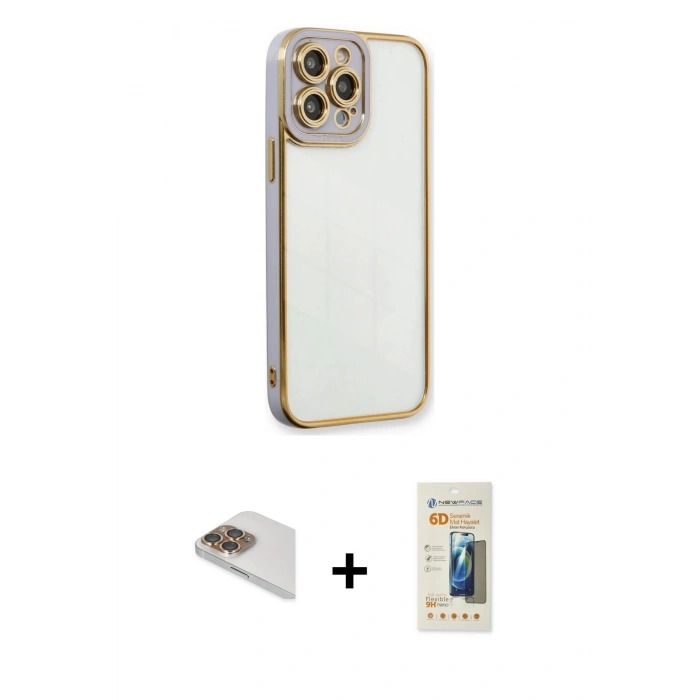 MARSİLYAN™- iPhone 13 Pro Max Kılıf Çekirdek Klasik Serisi - Siyah 6D Mat Seramik Hayalet Nano Ekran Koruyucu + Pers Alüminyum Kamera Lens - GD