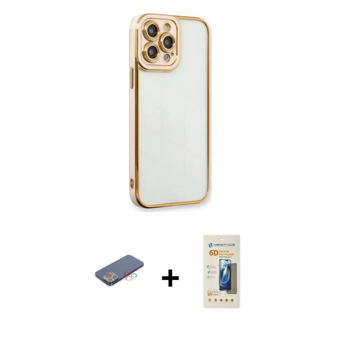 MARSİLYAN™- iPhone 13 Pro Max Kılıf Çekirdek Klasik Serisi - Siyah 6D Mat Seramik Hayalet Nano Ekran Koruyucu + Renkli Kamera Lens Koruma Cam - MI