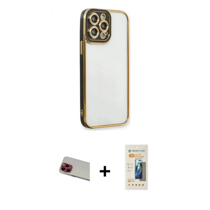 MARSİLYAN™- iPhone 13 Pro Max Kılıf Çekirdek Klasik Serisi - Siyah 6D Mat Seramik Hayalet Nano Ekran Koruyucu + Rainbow Kamera Lens Koruma Cam - KI