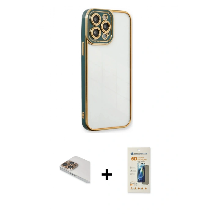 MARSİLYAN™- iPhone 13 Pro Max Kılıf Çekirdek Klasik Serisi - Siyah 6D Mat Seramik Hayalet Nano Ekran Koruyucu + Pers Alüminyum Kamera Lens - GD