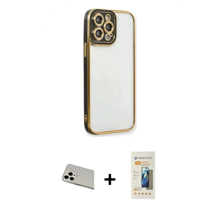MARSİLYAN™- iPhone 13 Pro Max Kılıf Çekirdek Klasik Serisi - Siyah 6D Mat Seramik Hayalet Nano Ekran Koruyucu + Beyaz Rainbow Kamera Lens Koruma Cam
