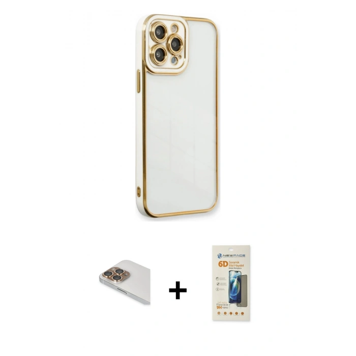 MARSİLYAN™- iPhone 13 Pro Max Kılıf Çekirdek Klasik Serisi - Siyah 6D Mat Seramik Hayalet Nano Ekran Koruyucu + Pers Alüminyum Kamera Lens - GD