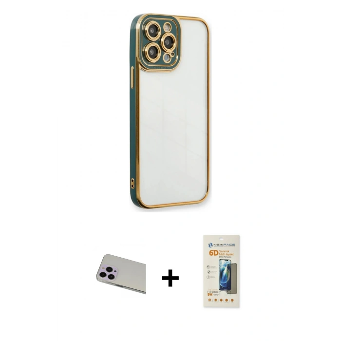 MARSİLYAN™- iPhone 13 Pro Max Kılıf Çekirdek Klasik Serisi - Siyah 6D Mat Seramik Hayalet Nano Ekran Koruyucu + Rainbow Kamera Lens Koruma Cam - MR