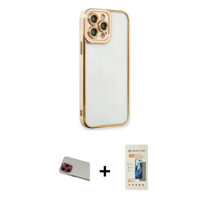 MARSİLYAN™- iPhone 13 Pro Max Kılıf Çekirdek Klasik Serisi - Siyah 6D Mat Seramik Hayalet Nano Ekran Koruyucu + Rainbow Kamera Lens Koruma Cam - KI