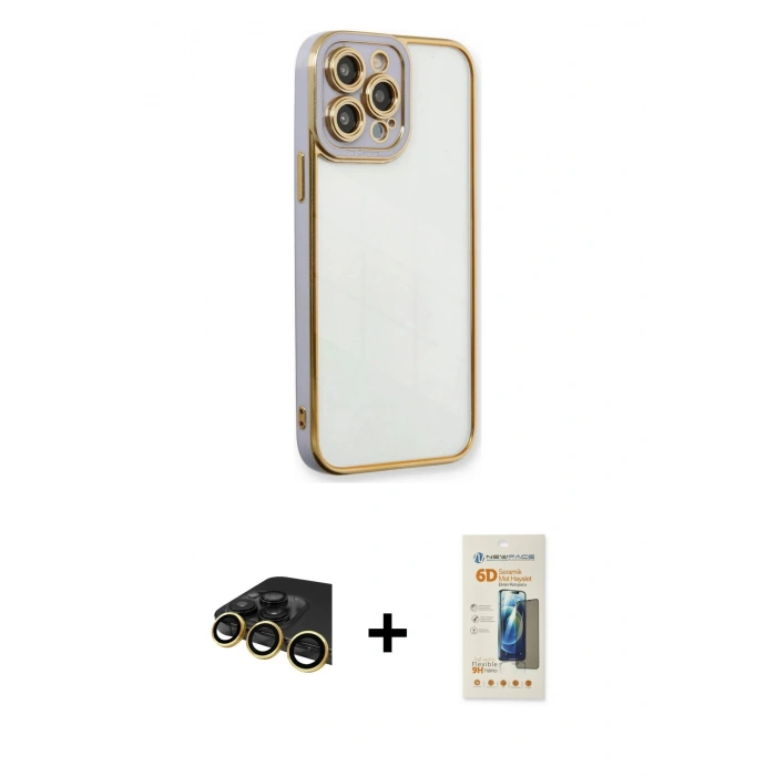 MARSİLYAN™- iPhone 13 Pro Max Kılıf Çekirdek Klasik Serisi - Siyah 6D Mat Seramik Hayalet Nano Ekran Koruyucu + Raze Metal Kamera Lens - GD