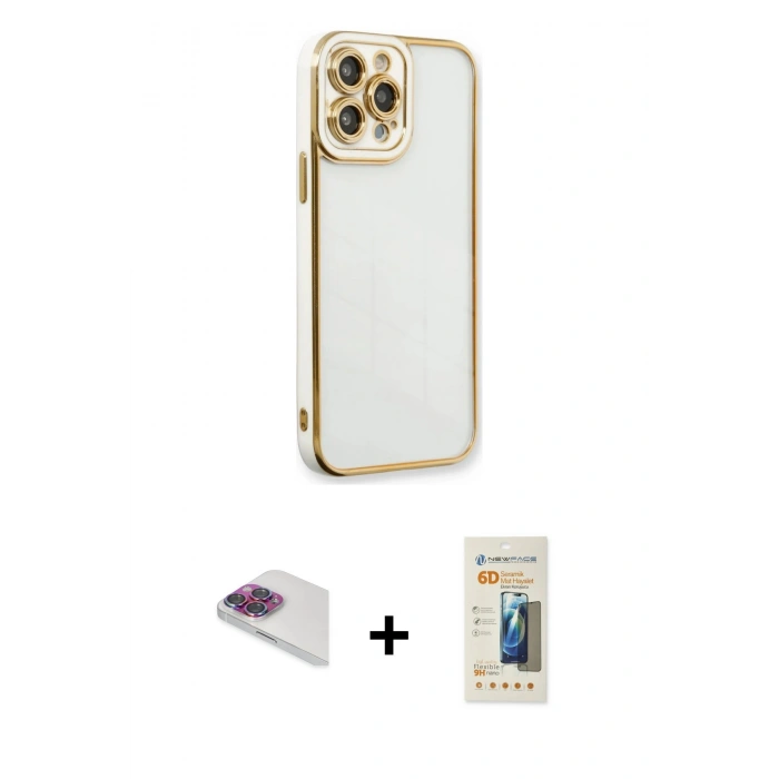 MARSİLYAN™- iPhone 13 Pro Max Kılıf Çekirdek Klasik Serisi - Siyah 6D Mat Seramik Hayalet Nano Ekran Koruyucu + Pers Alüminyum Kamera Lens - GI