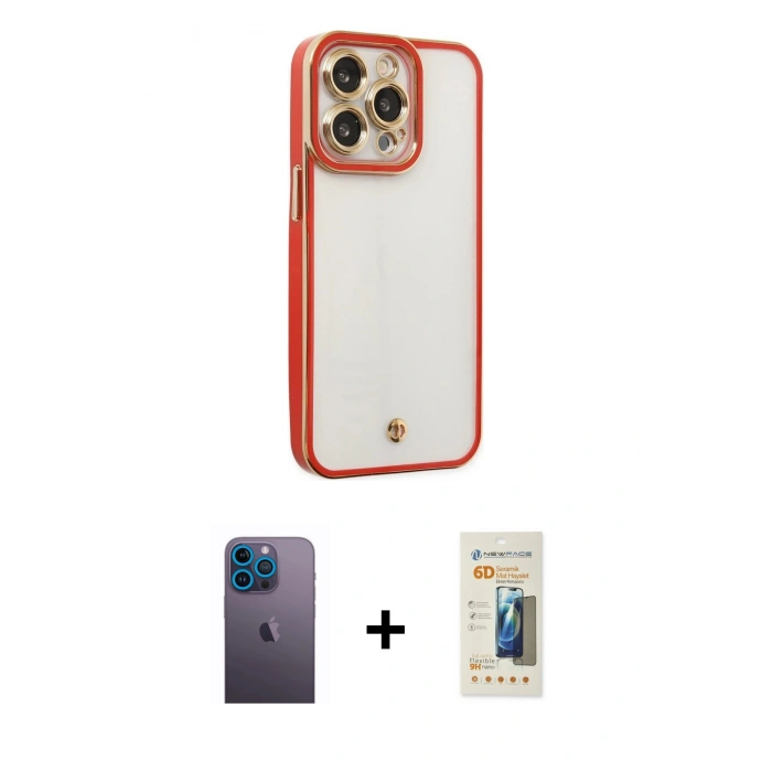 MARSİLYAN™- iPhone 13 Pro Max Kılıf Çekirdek Klasik Serisi - Siyah 6D Mat Seramik Hayalet Nano Ekran Koruyucu + Neon Fosforlu Kamera Lens - MI