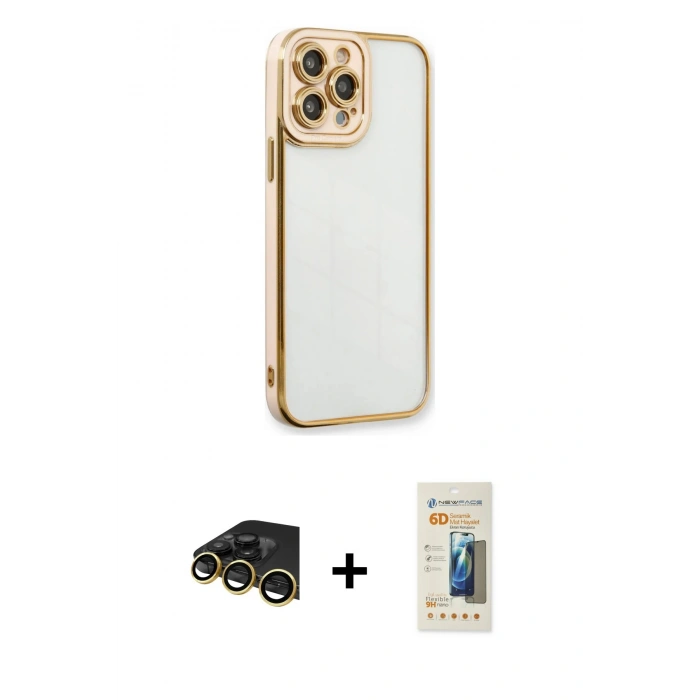 MARSİLYAN™- iPhone 13 Pro Max Kılıf Çekirdek Klasik Serisi - Siyah 6D Mat Seramik Hayalet Nano Ekran Koruyucu + Raze Metal Kamera Lens - GD