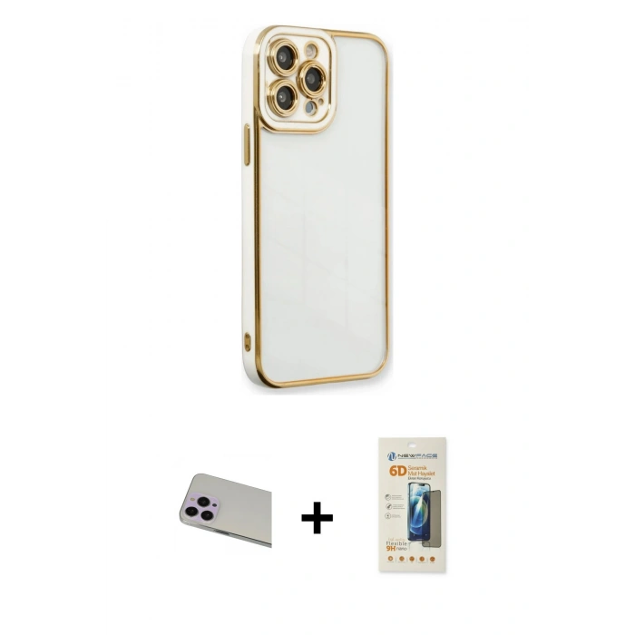 MARSİLYAN™- iPhone 13 Pro Max Kılıf Çekirdek Klasik Serisi - Siyah 6D Mat Seramik Hayalet Nano Ekran Koruyucu + Rainbow Kamera Lens Koruma Cam - MR