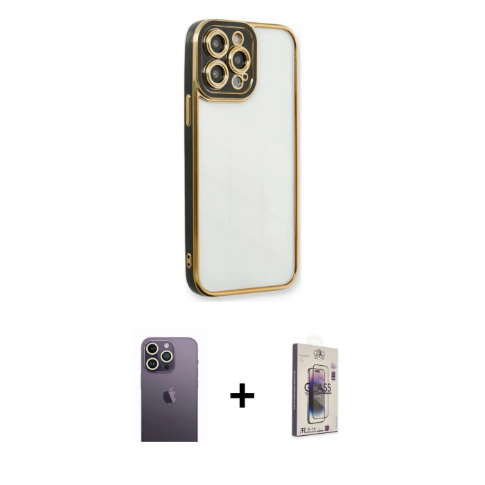 MARSİLYAN™- iPhone 13 Pro Max Kılıf Çekirdek Klasik Serisi - Siyah Bilvis 3D Cam Ekran Koruyucu + Neon Fosforlu Kamera Lens - BZ