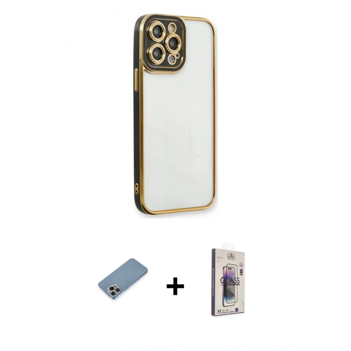 MARSİLYAN™- iPhone 13 Pro Max Kılıf Çekirdek Klasik Serisi - Siyah Bilvis 3D Cam Ekran Koruyucu + Shine Kamera Lens Koruma Cam - GI