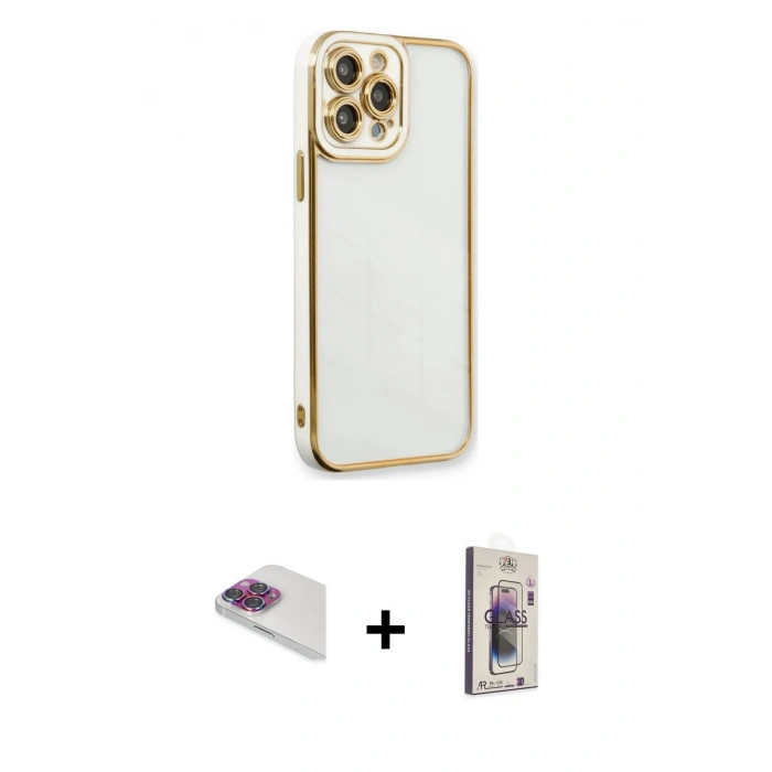 MARSİLYAN™- iPhone 13 Pro Max Kılıf Çekirdek Klasik Serisi - Siyah Bilvis 3D Cam Ekran Koruyucu + Gökkuşağı Pers Alüminyum Kamera Lens
