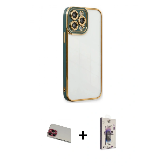 MARSİLYAN™- iPhone 13 Pro Max Kılıf Çekirdek Klasik Serisi - Siyah Bilvis 3D Cam Ekran Koruyucu + Kırmızı Rainbow Kamera Lens Koruma Cam
