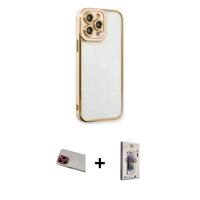 MARSİLYAN™- iPhone 13 Pro Max Kılıf Çekirdek Klasik Serisi - Siyah Bilvis 3D Cam Ekran Koruyucu + Kırmızı Rainbow Kamera Lens Koruma Cam