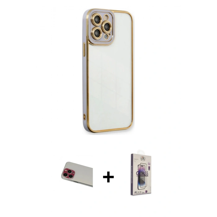 MARSİLYAN™- iPhone 13 Pro Max Kılıf Çekirdek Klasik Serisi - Siyah Bilvis 3D Cam Ekran Koruyucu + Kırmızı Rainbow Kamera Lens Koruma Cam