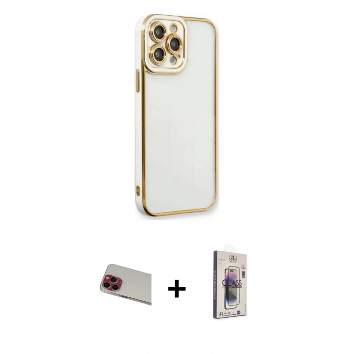 MARSİLYAN™- iPhone 13 Pro Max Kılıf Çekirdek Klasik Serisi - Siyah Bilvis 3D Cam Ekran Koruyucu + Kırmızı Rainbow Kamera Lens Koruma Cam