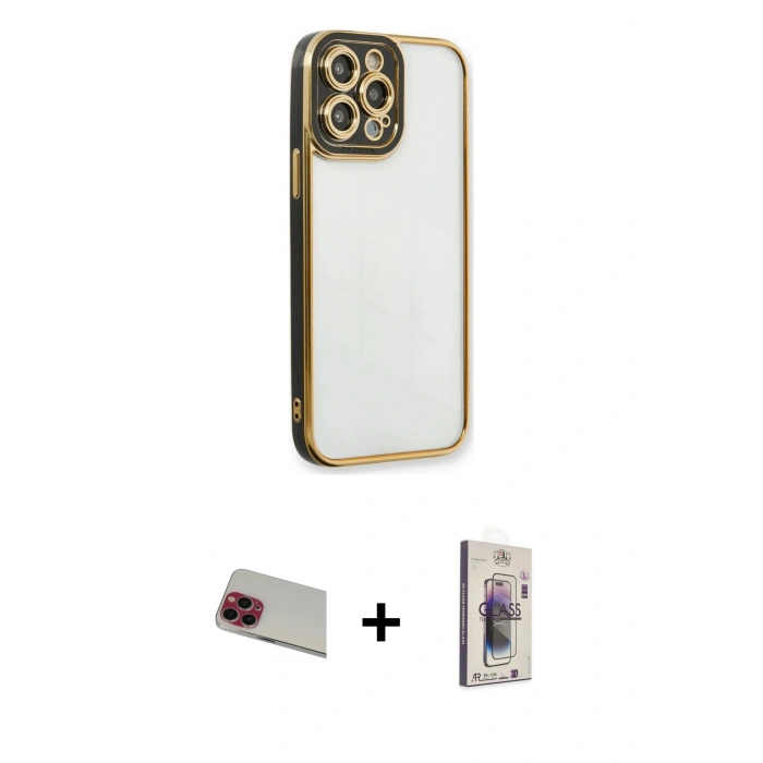 MARSİLYAN™- iPhone 13 Pro Max Kılıf Çekirdek Klasik Serisi - Siyah Bilvis 3D Cam Ekran Koruyucu + Kırmızı Rainbow Kamera Lens Koruma Cam