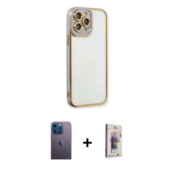 MARSİLYAN™- iPhone 13 Pro Max Kılıf Çekirdek Klasik Serisi - Siyah Bilvis 3D Cam Ekran Koruyucu + Mavi Neon Fosforlu Kamera Lens