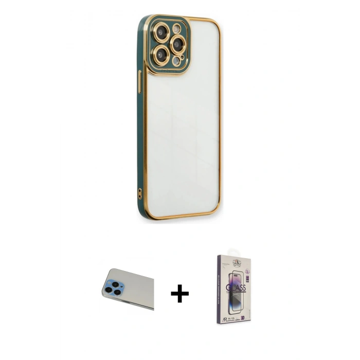 MARSİLYAN™- iPhone 13 Pro Max Kılıf Çekirdek Klasik Serisi - Siyah Bilvis 3D Cam Ekran Koruyucu + Rainbow Kamera Lens Koruma Cam - MI