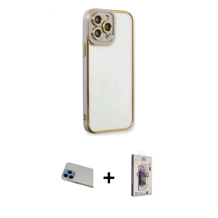 MARSİLYAN™- iPhone 13 Pro Max Kılıf Çekirdek Klasik Serisi - Siyah Bilvis 3D Cam Ekran Koruyucu + Rainbow Kamera Lens Koruma Cam - MI
