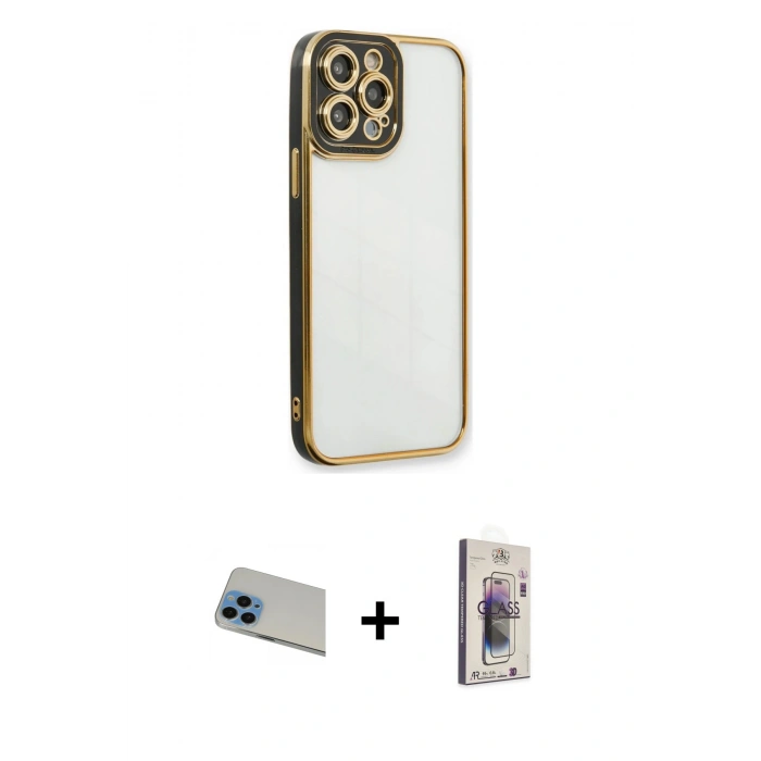 MARSİLYAN™- iPhone 13 Pro Max Kılıf Çekirdek Klasik Serisi - Siyah Bilvis 3D Cam Ekran Koruyucu + Rainbow Kamera Lens Koruma Cam - MI