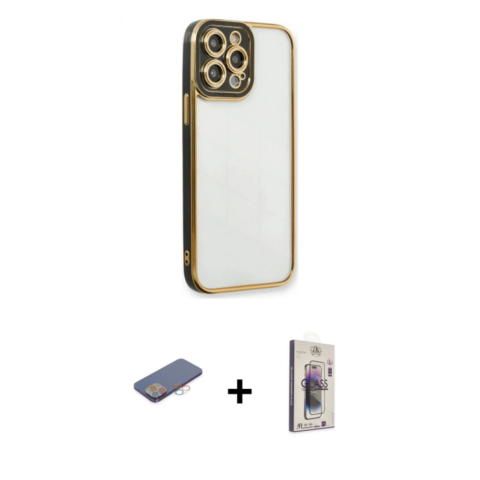 MARSİLYAN™- iPhone 13 Pro Max Kılıf Çekirdek Klasik Serisi - Siyah Bilvis 3D Cam Ekran Koruyucu + Renkli Kamera Lens Koruma Cam - PE